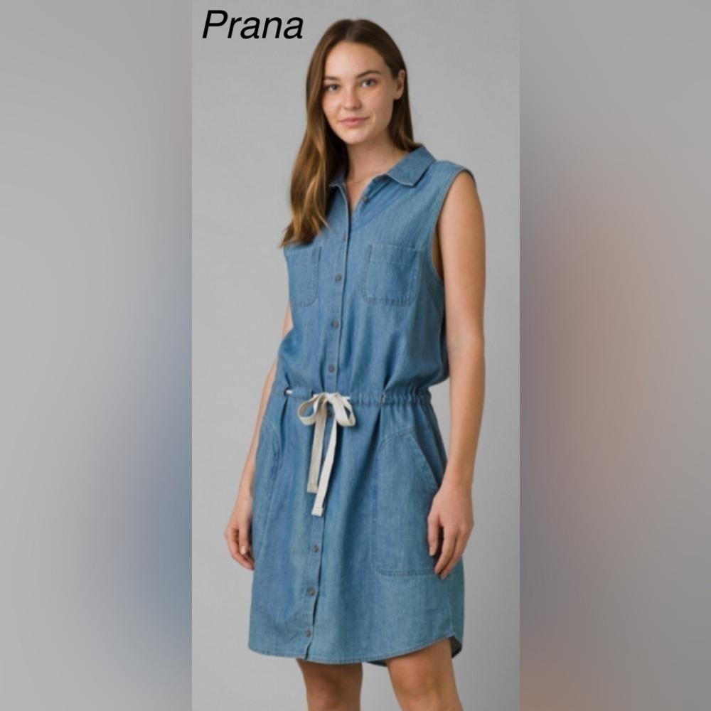 Prana Sunrise Peak Denim tie Waist Button Down Dress w Chic Oversized Pockets SM